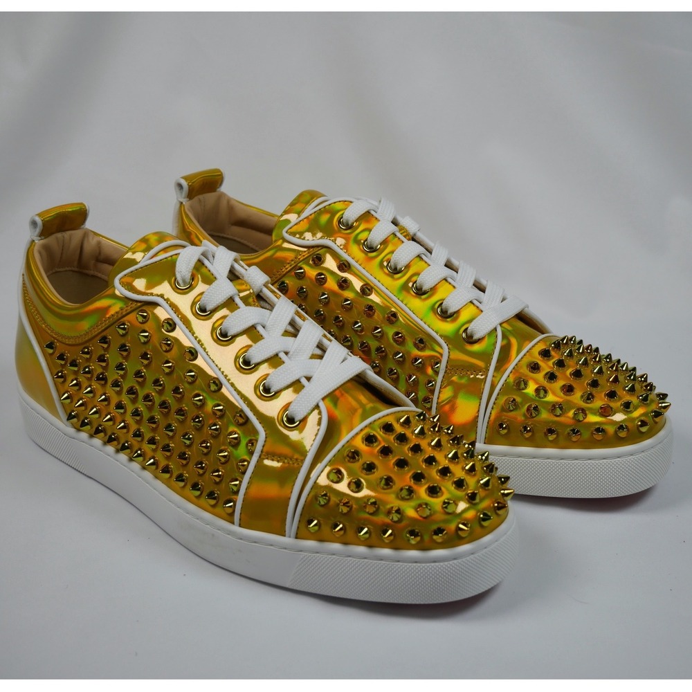 Christian Louboutin Yellow Spike Studded Patent Leather Men's Sneakers Red Sole